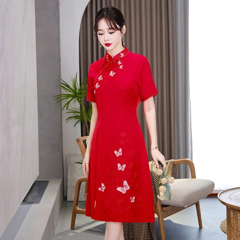 Retro Ethnic Style Chinese Traditional Qipao Dress Fashion Embroidered Improved Red Cheongsam CNY - Seprincess