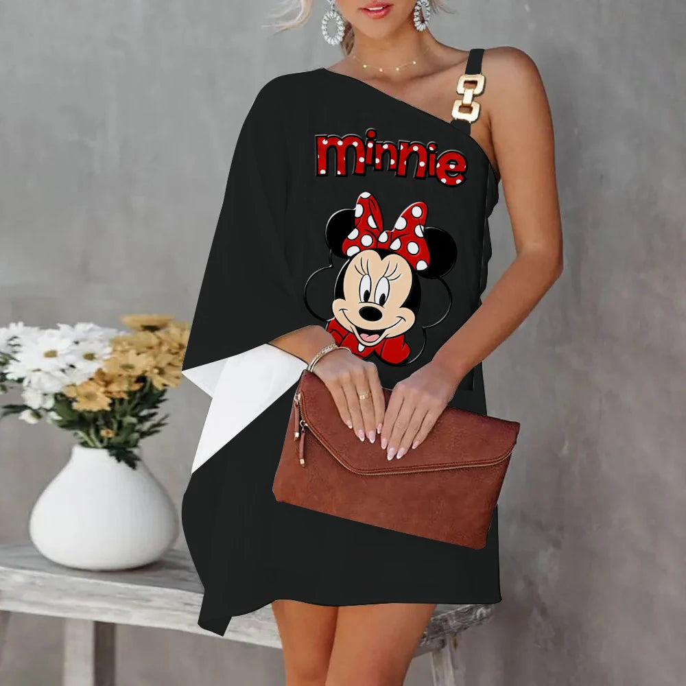 Disney Diagonal Collar One-Shoulder Party Dresses Minnie Mouse Dress Mickey Elegant Dresses for Women Evening Luxury Sexy Collar - Seprincess