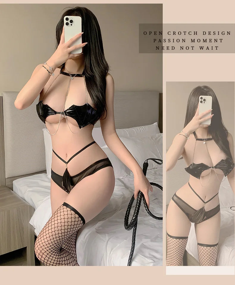 lingerie Stocking leather deep v mesh opening role-playing call of the night women fancy underwear 18 pajama set - Seprincess