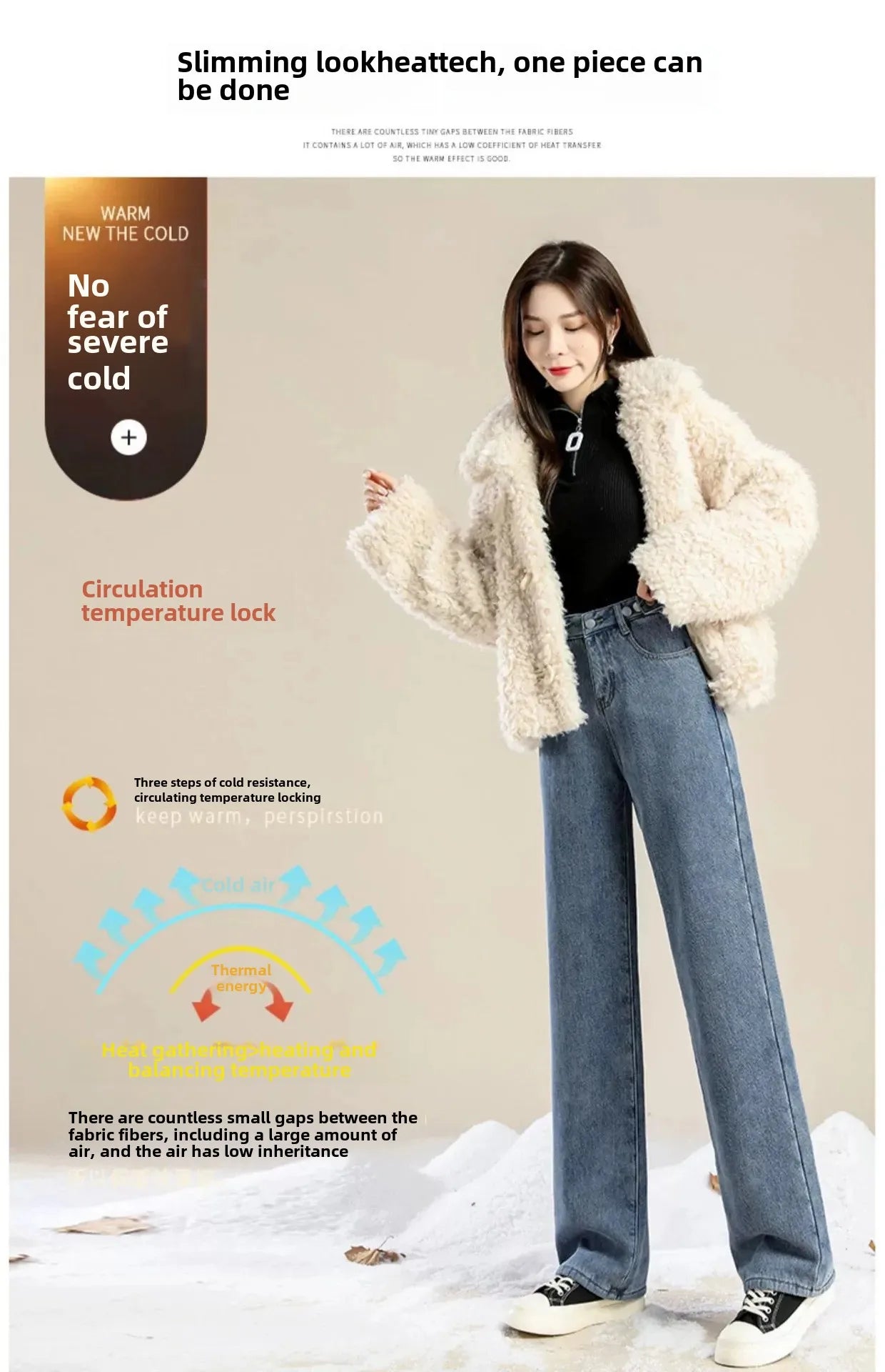 Autumn/winter Deep Color Wide-leg Fleece-lined Warm Jeans Women's Outerwear Slimming Loose-fit Straight-leg Model Pants