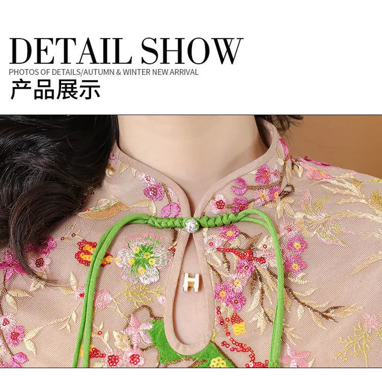 2024 new chinese improved elegant cheongsam woman summer national style gauze retro slimming embroidered half sleeve qipao dress