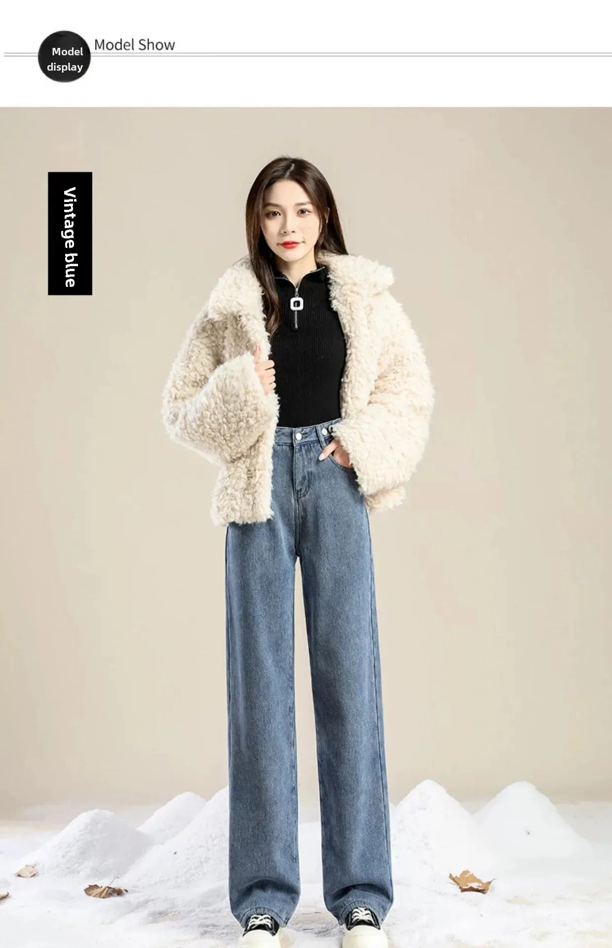 Autumn/winter Deep Color Wide-leg Fleece-lined Warm Jeans Women's Outerwear Slimming Loose-fit Straight-leg Model Pants