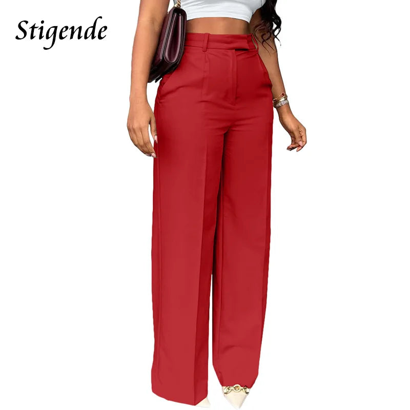 Stigende Wide Leg Straight Dress Pants with Pocket Women Plain Color Business Casual Pants Loose Fit Midi Waist Office Trousers