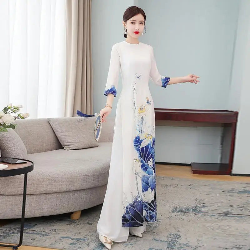 Spring Summer Ao Dai Cheongsam Folk Style Vietnam Chiffon Aodai Graceful Elegant Women Chinese Traditional Dress Improve Qipao - Seprincess