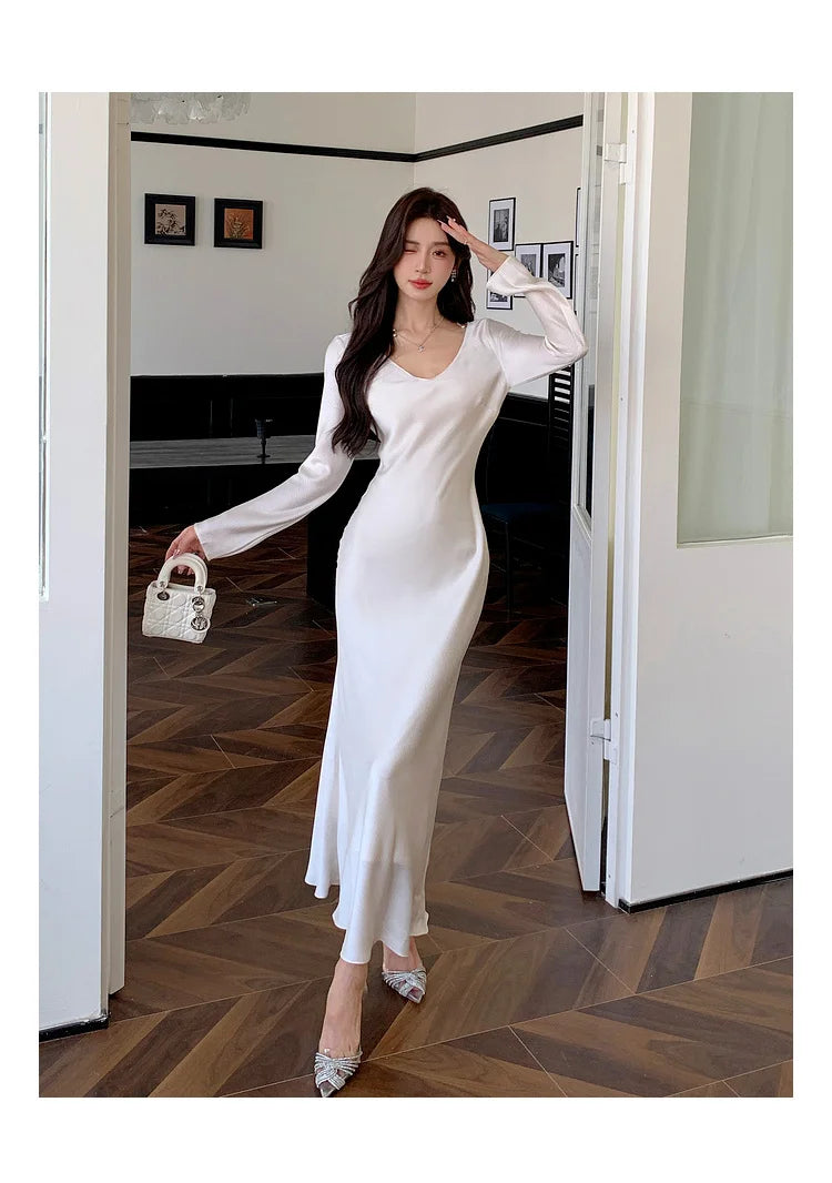 Autumn Solid Satin Long Dresses Women Wedding Evening Party Dress with Camisole Prom Robe V-Neck Long Sleeves Mermaid Vestidos - Seprincess