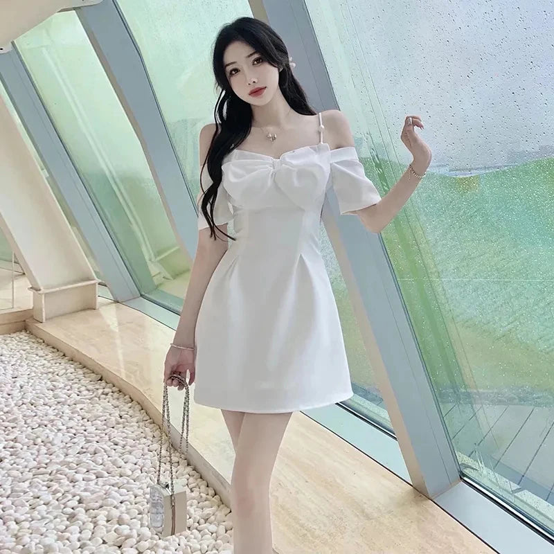 Zoki Bow Sexy Slash Neck Dress Women Summer Korean Elegant White Mini Dress Fashion All Match Party Night Camis Vestidos - Seprincess