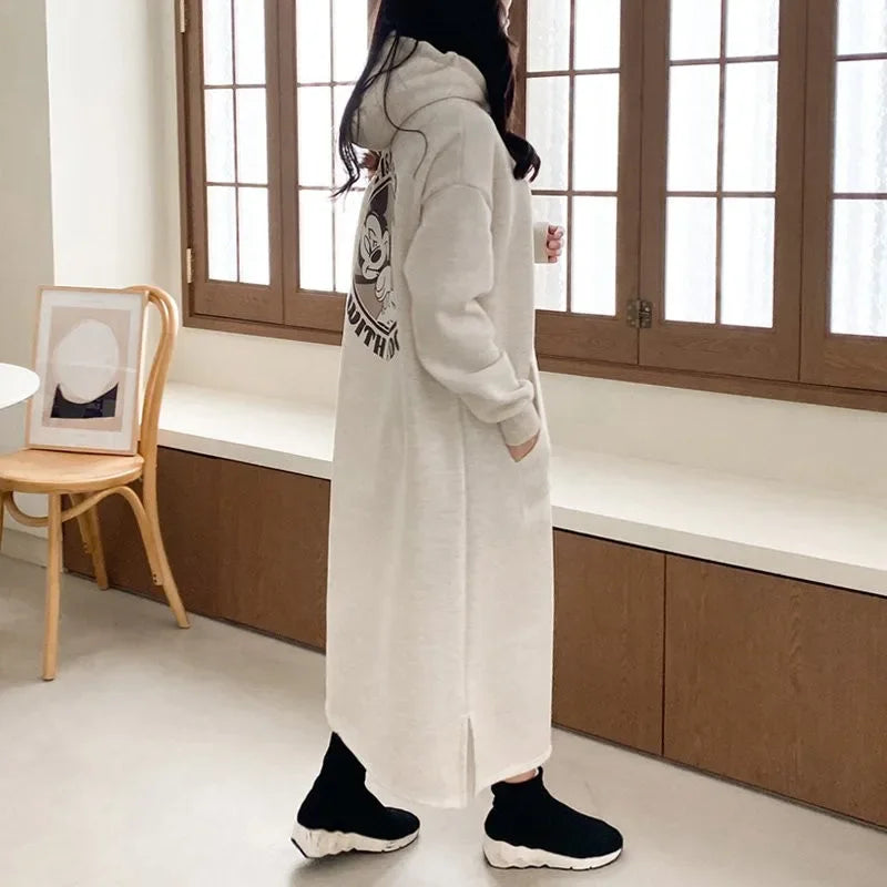 2023 Autumn/winter New Women's Fleece-lined Thickened Sweatshirt Hooded Dress Loose-fit Long Over-knee Korean Style - Seprincess