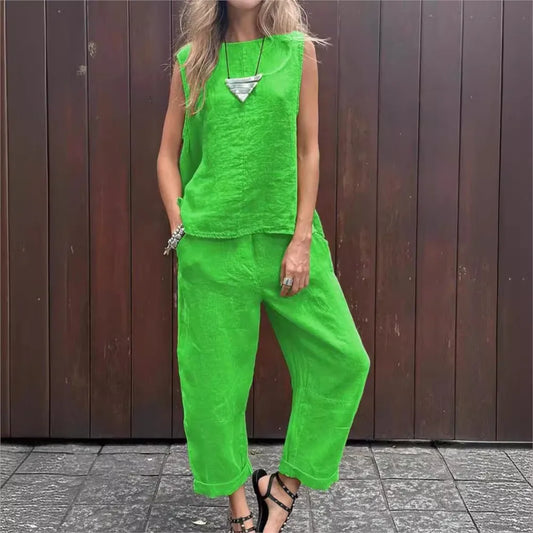 Spring Summer New Solid Color Sleeveless Cotton And Linen Women's Suit Simple Fashion Pocket Casual Long Pants Female 2piece Set - Seprincess