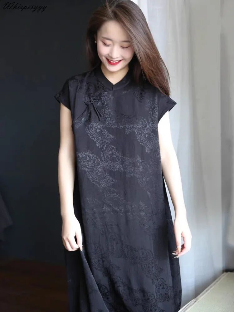 2024 Summer Original Design Cotton Linen Qipao Black Women's Literary Vintage Cheongsam Chinese National Style Dress Women - Seprincess