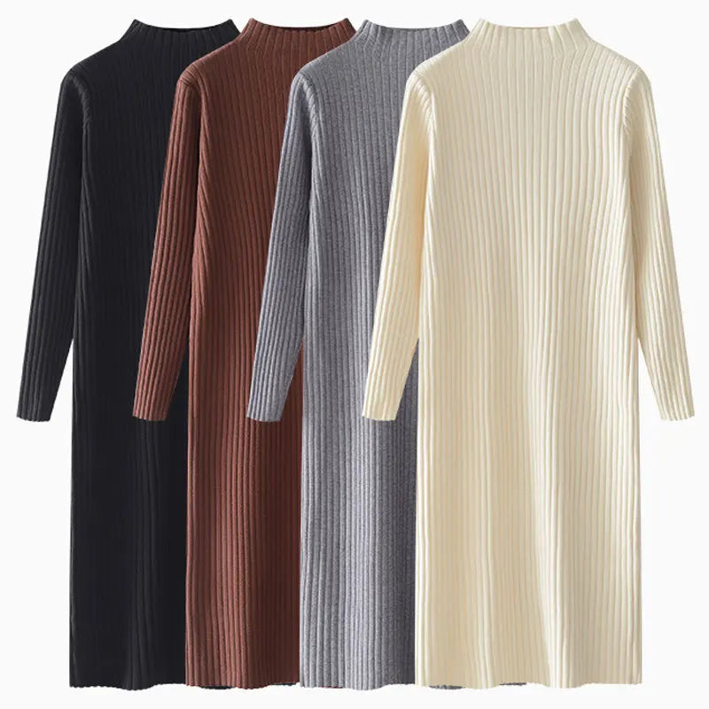 ABRINI Women Fall Versatile Mock Neck Knit Dress New Winter Inner Layer Long Sleeved Dress Casual Loose Mid-Length Sweater Dress - Seprincess