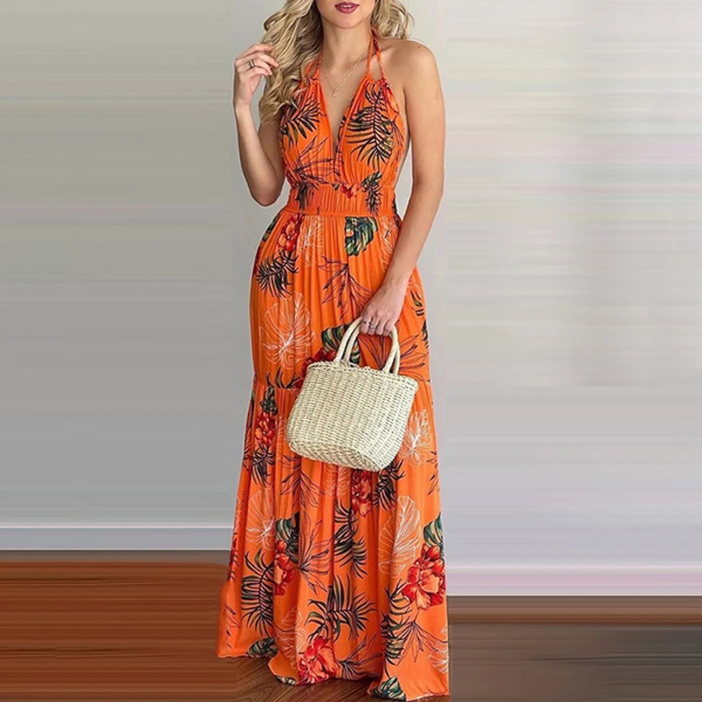 Summer Boho Dress Y2k Cloth Women Floral Print Backless Maxi Dress Elastic Waist Halter V Neck Long Robe Long Dresses Vacation - Seprincess