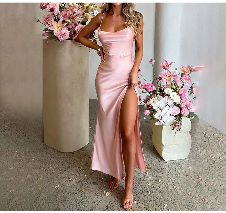 Summer Sexy Backless Dress Women's Solid Color Slim Lace Up Long Dresses Fashion Elegant Formal Dress Split Party Camisole Dress - Seprincess