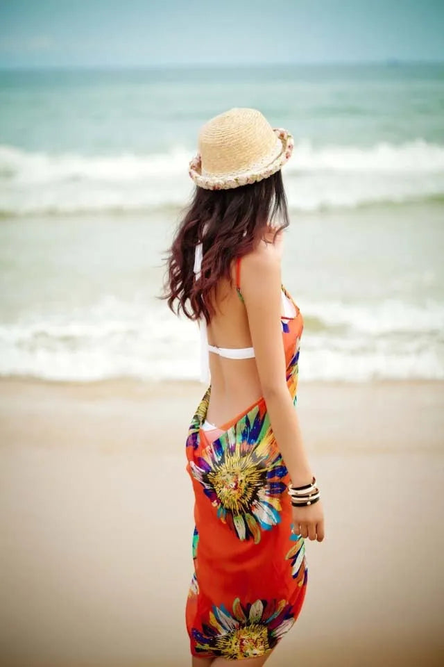 2023 Printed Cover-ups Sexy Beach Dress Women Halter Sling Chiffon Beach Towel Bikini Wrap Pareo Skirts Open-Back Swimwear - Seprincess