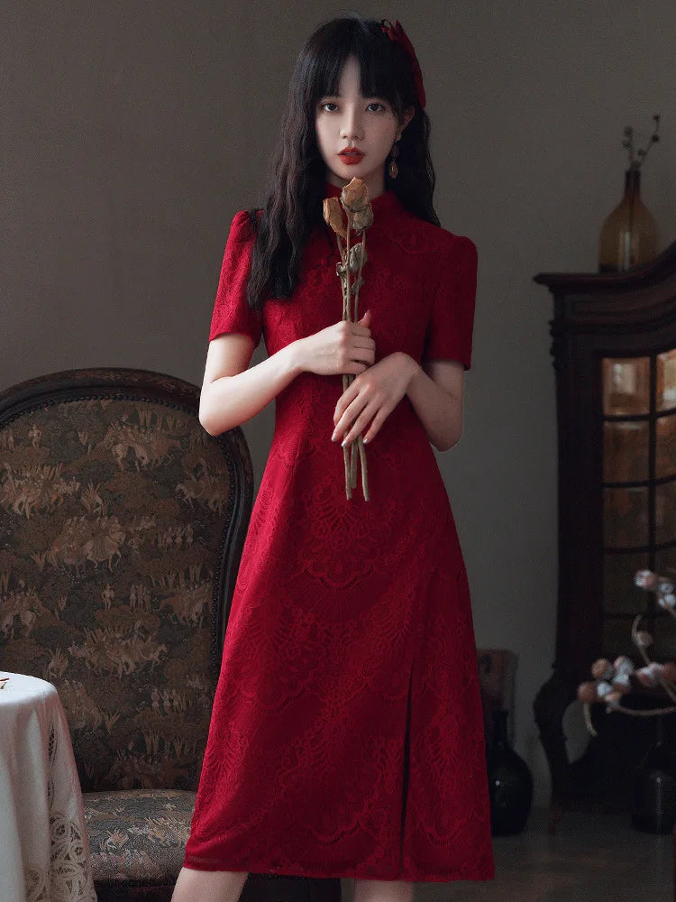 Chinese Style Red Lace Short Sleeve Cheongsam Slim Dress Elegant Traditional Evening Dresses Qipao - Seprincess