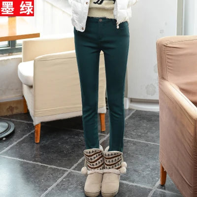 Korean Fashion Velvet Stretch Skinny Pant Women Mid Waist Warm Vaqueros Office Fleece Trousers Candy Colors Thick Winter Jeans