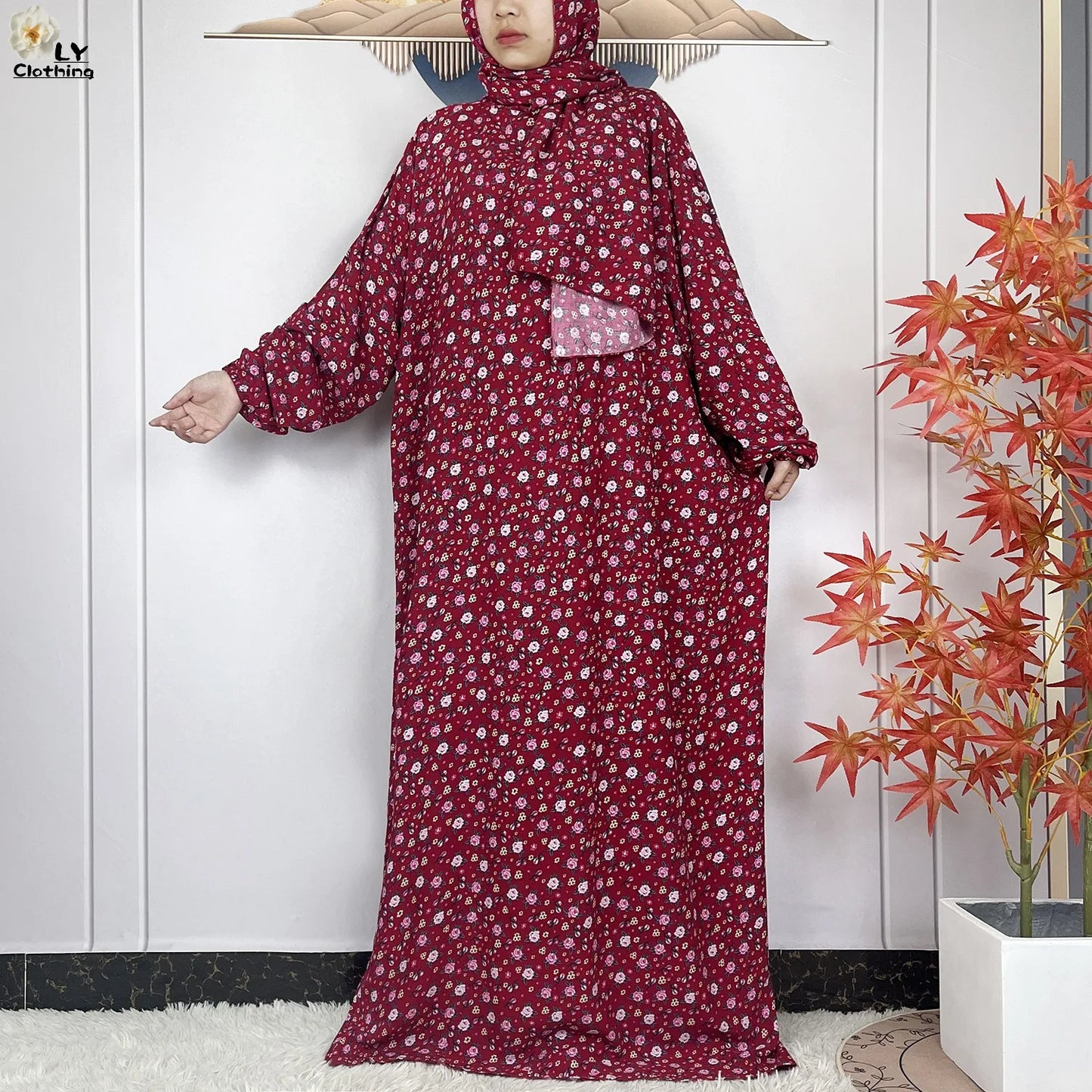 2024Latest Muslim Abayas For Women Ramadan Prayer Maxi Dubai Turkey Femme Cotton Robe Floral Loose African Dress Turban Attached