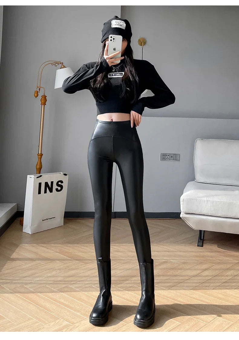 Autumn Winter Women Fleece Matte Leather Leggings High Quality Sheepskin High Waist Elastic PU Leather Pants Slim Sexy Leggings