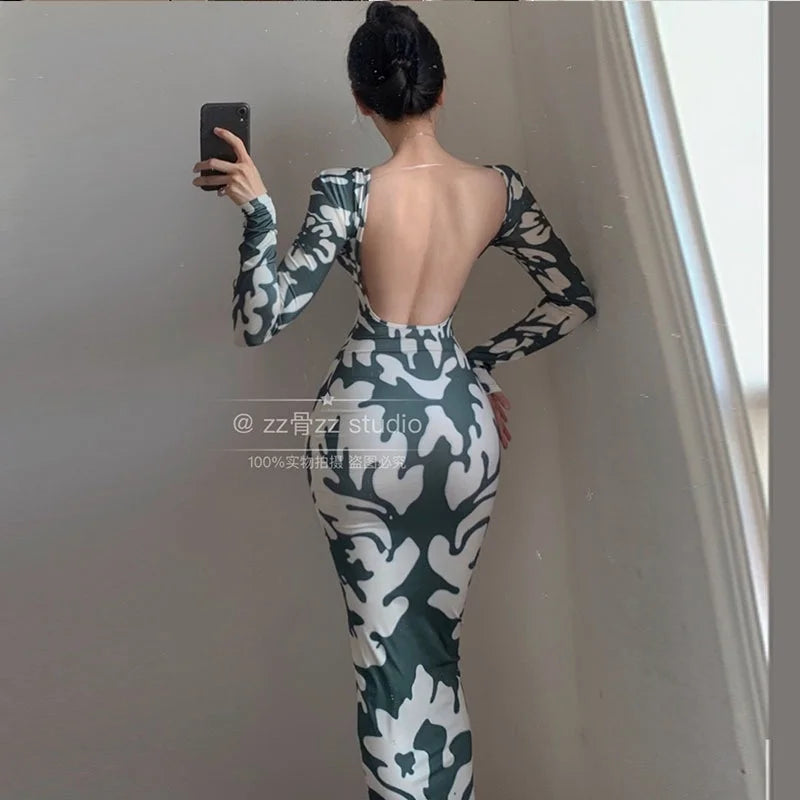 Winter New WOMENGAGA Sexy Backless Fashion Printing Elegant Skinny Slim Hip Maxi Dress Long Robe Hot Sexy Korean Women Top UC86 - Seprincess