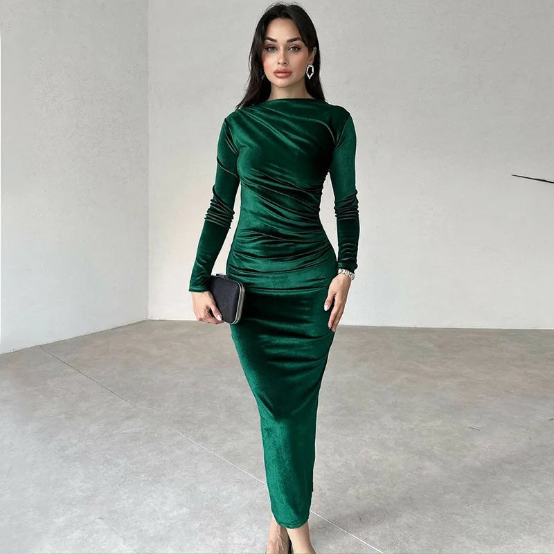 Dulzura 2024 Spring Summer Velvet Long Sleeve Midi Dress For Women Ruched Long Dress Elegant Party Clothes Evening Green Outfits - Seprincess