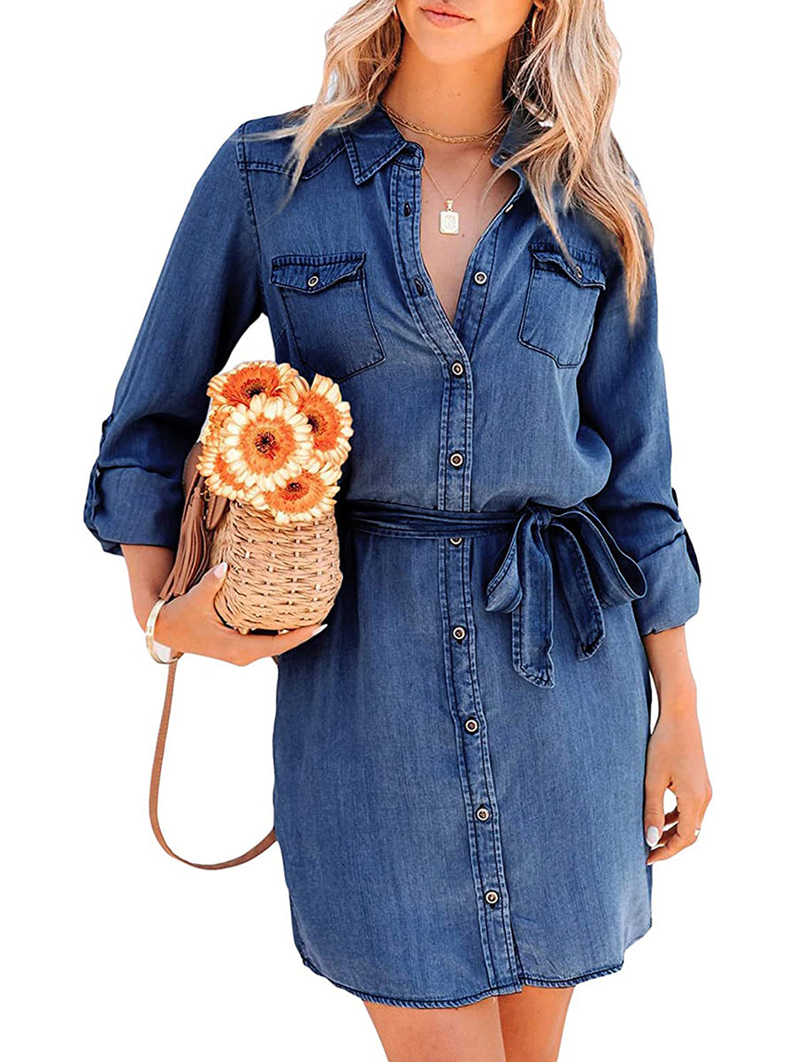 Fashion Women Casual Denim Dress Solid Color Long Sleeve Button-Down Lapel Short Dress with Belt Shirts Dress - Seprincess