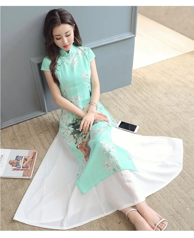 1pcs/lot Summer Elegant Slim Women Painting Cheongsam White Dress Qipao Chiffon Vintage Chinese Style Dress - Seprincess