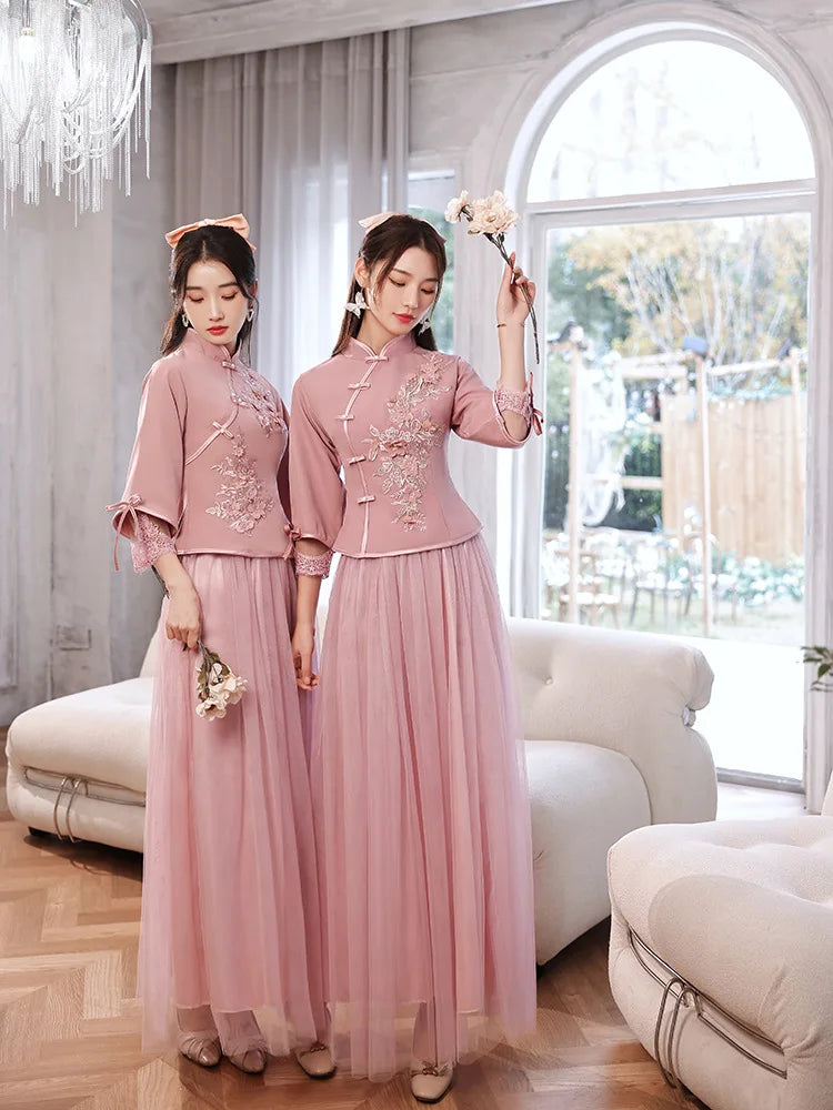 Chinese Wedding Dresses Qipao Traditional Bridesmaid Elegant Khaki Pink Cheongsam Modern Three Quarter Sleeves Outfits for Girls - Seprincess