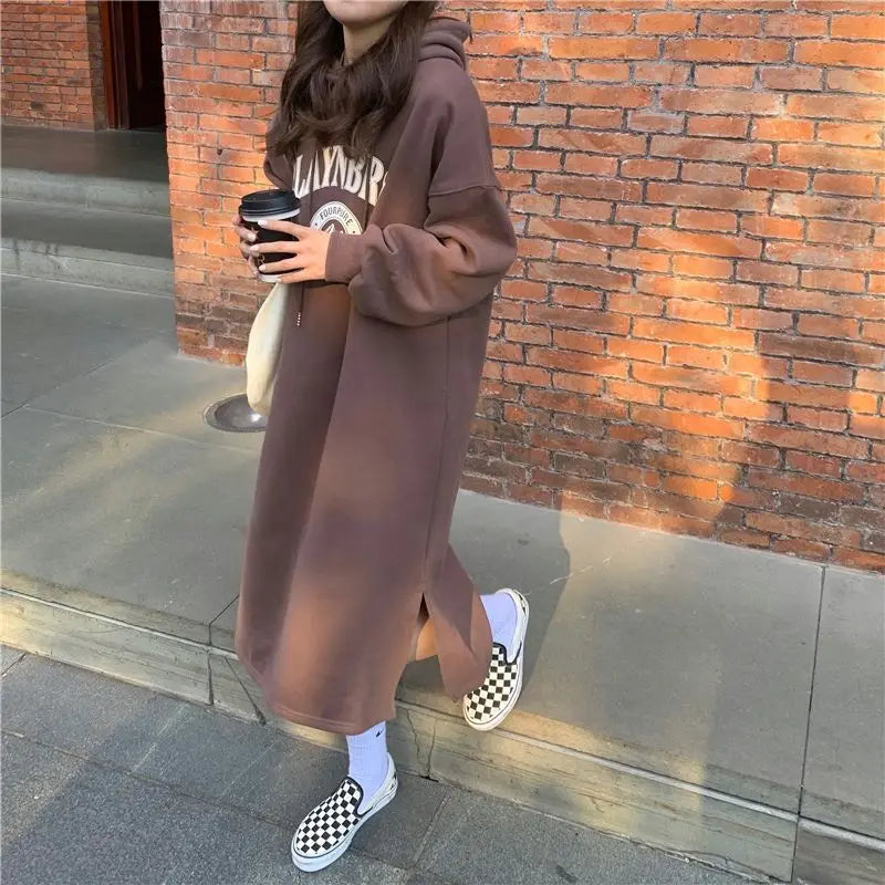 Autumn Winter Women Fleece Thicken Hooded Dress Print Letter Drawstring Korean Fashion Loose Midi Side Slit Oversized Dresses