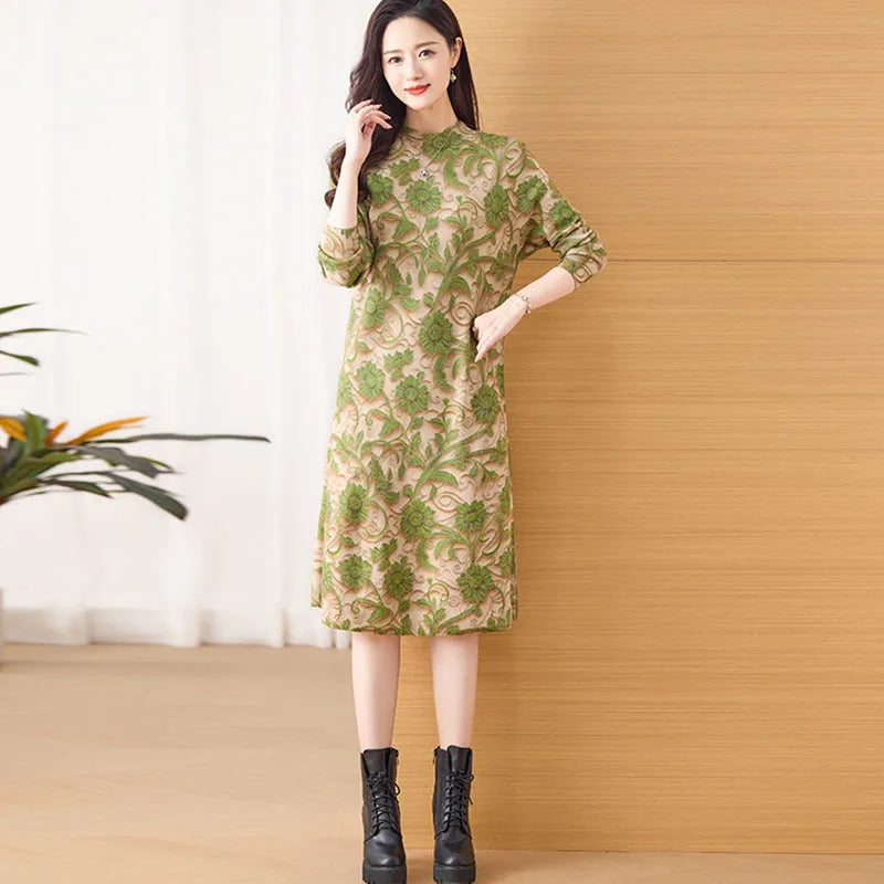 Woomen Clothing Korean Fashion Slim Knitted Jacquard Dresses Winter Thick Office Lady Daily Commute Comfortable Soft Dress - Seprincess