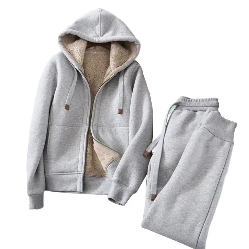 Wool Lamb Fleece Sweatshirt Pants Women Outfit Hoodies Jogger Pants Two-piece Set Thickened Drawstring Autumn Women Sports Suit - Seprincess