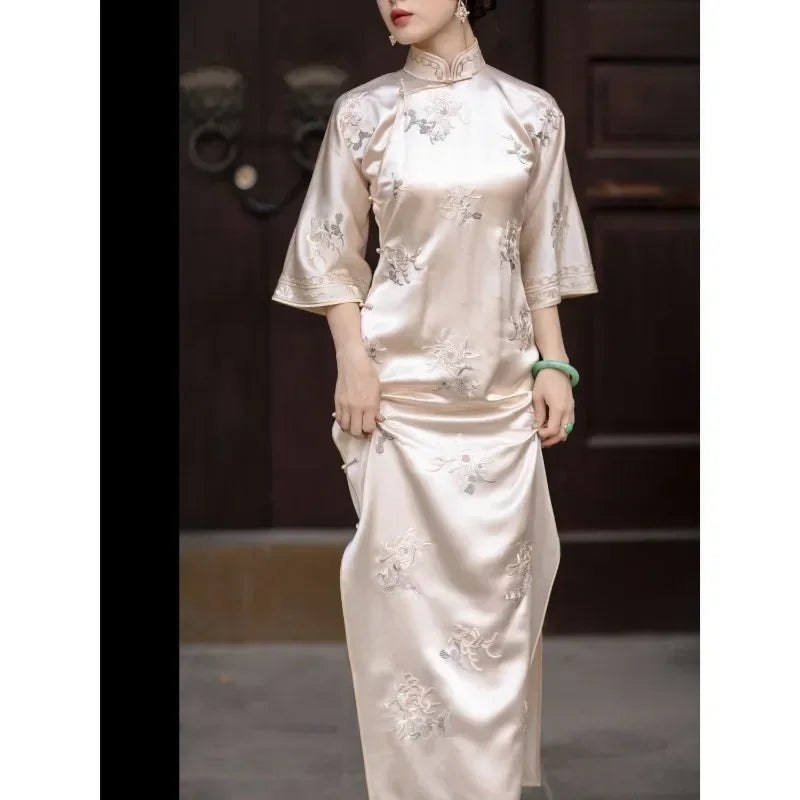 Vintage Beige Satin Stand Collar Floral Embroidery Slim Fit Cheongsam Dress High Quality Banquet Dress for Women Chinese Wedding - Seprincess