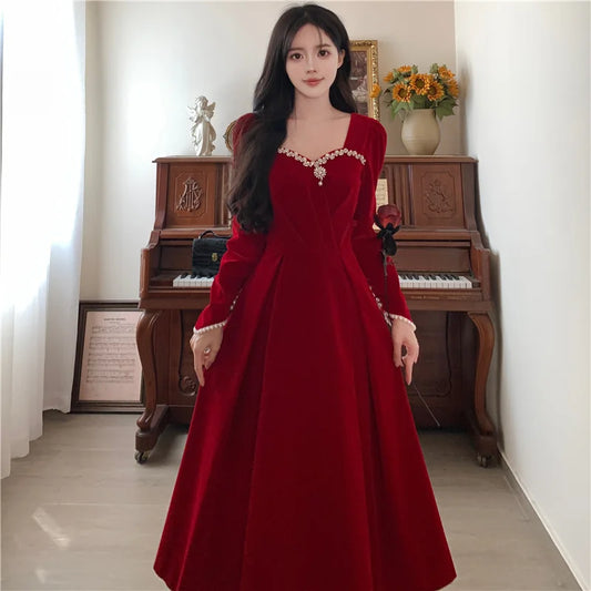 Burgundy Velvet Prom Dresses Square Collar Long Sleeve Pearl Crystal Long Engagement Dress Plus Size Female Formale Gowns - Seprincess