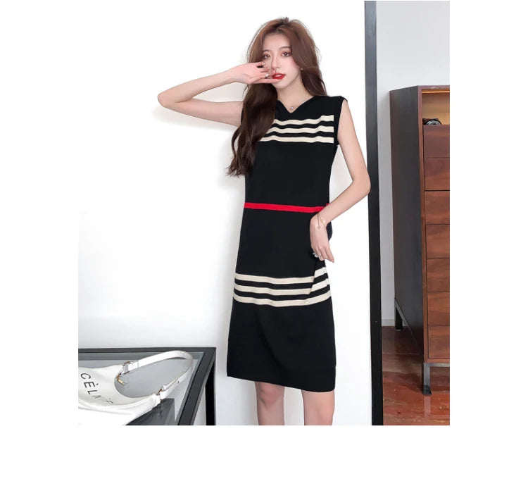 YUQI Basic Striped Knitted Dress Summer Casual Loose Hooded Sleeveless Knee-Length Dresses for Women 2024 Elegant Sweet Vestidos