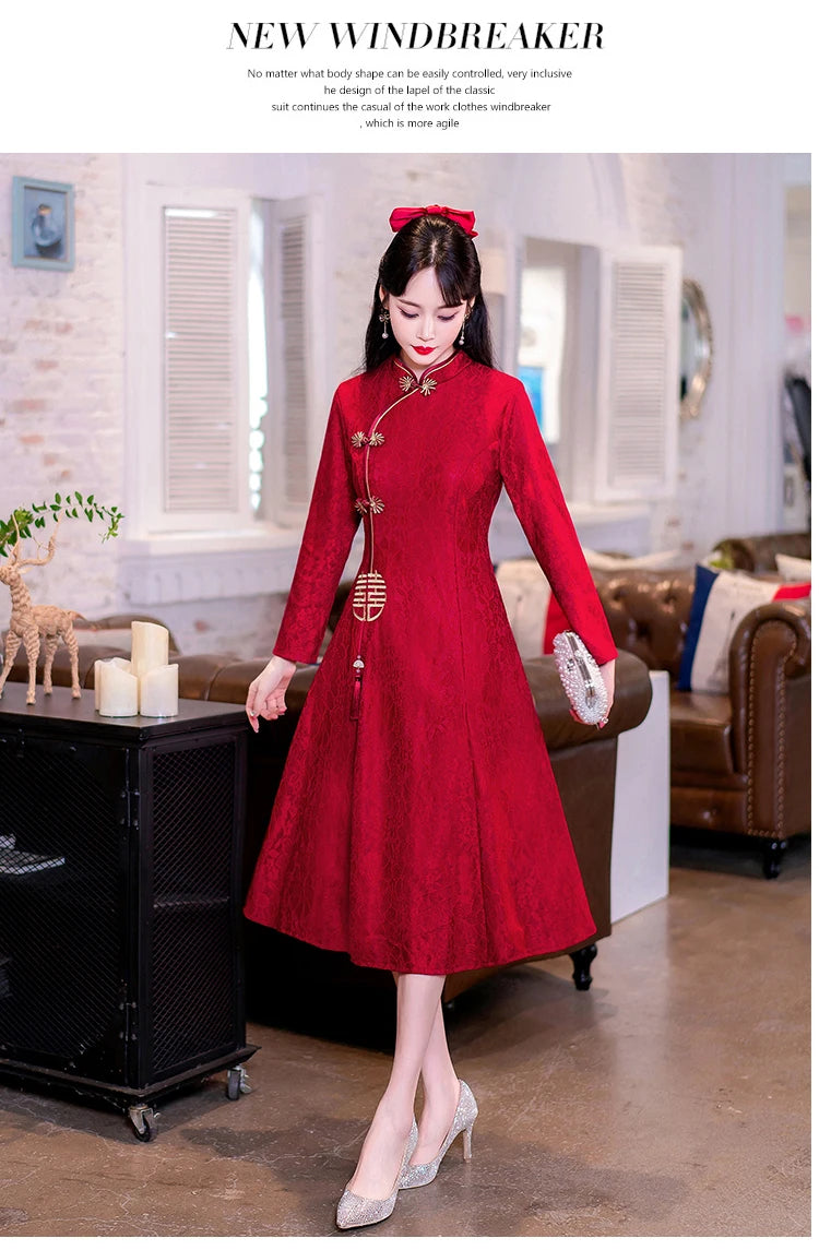 Retro Chinese Traditional Red Wedding Qipao Dress Modern Improved Long Sleeve Embroidered Cheongsam Plus Size Women Clothing CNY - Seprincess