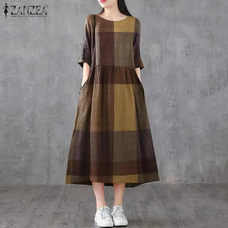 ZANZEA Women Cotton Linen Dresses Vintage Plaid Half Sleeve Midi Vestidos Casual O-neck Long Sundress 2023 Holiday Pocket Robes - Seprincess