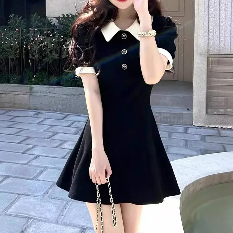 High-waisted Mini Dress A- line Lapel Polo Collar Black Skirt Summer Autumn Princess Color Block For Women Casual Chic Style - Seprincess