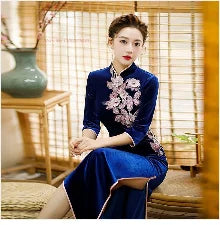 2024 chinese vintage qipao velvet dress mandarin collar improved cheongsam flower embroidery evening banquet qipao folk dress - Seprincess