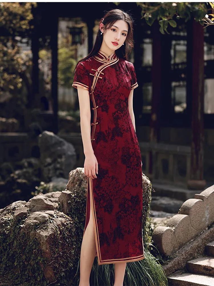 Wine Red Long Short Sleeves Cheongsam 2023 New Improved Young women Summer Silk and Satins Fashion One Piece Chinese Qipao Dress - Seprincess