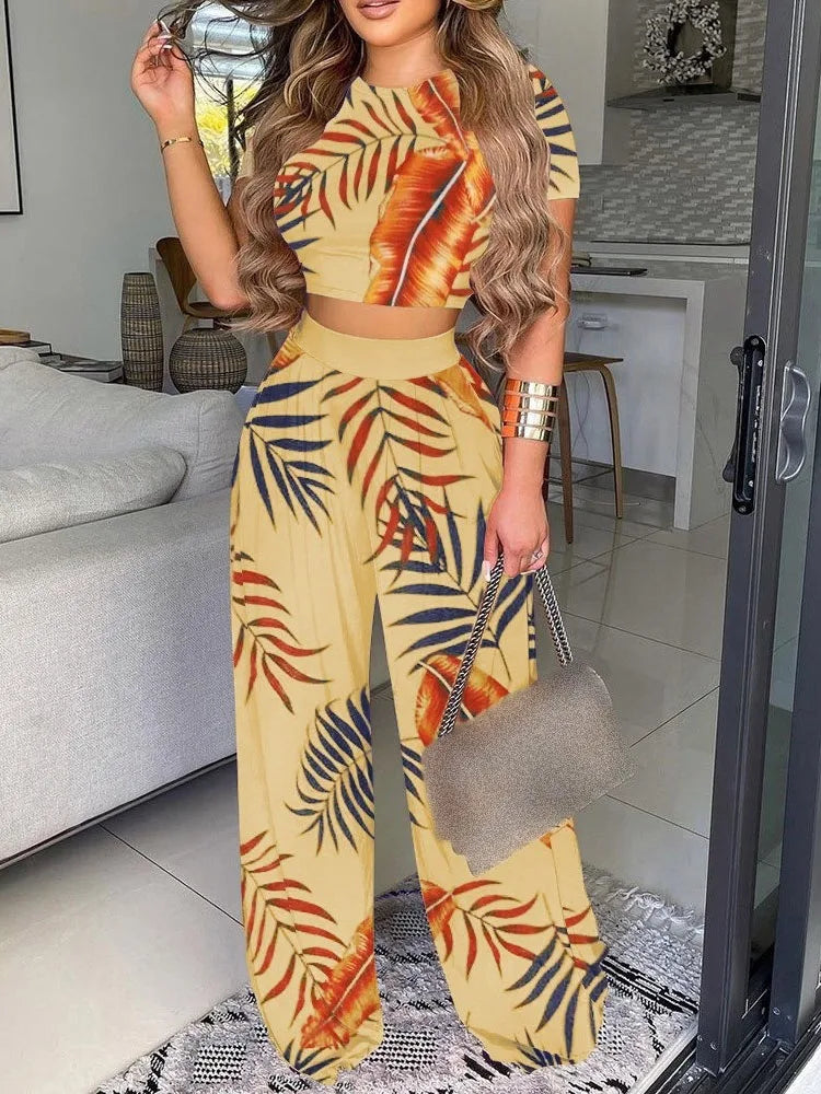 New Women's Sexy Ultra Short Top Set Summer Fashion Printed Corset Waist Long Pants Slim Elegant Female Casual Pants 2 Piece Set - Seprincess