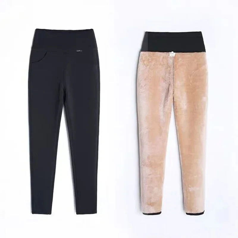 Thin&Thick Fleece Women Autumn Winter Slim Pants Solid Pocket Casual All-Match Pencil Pants Office Lady's Basic Elegant Trousers