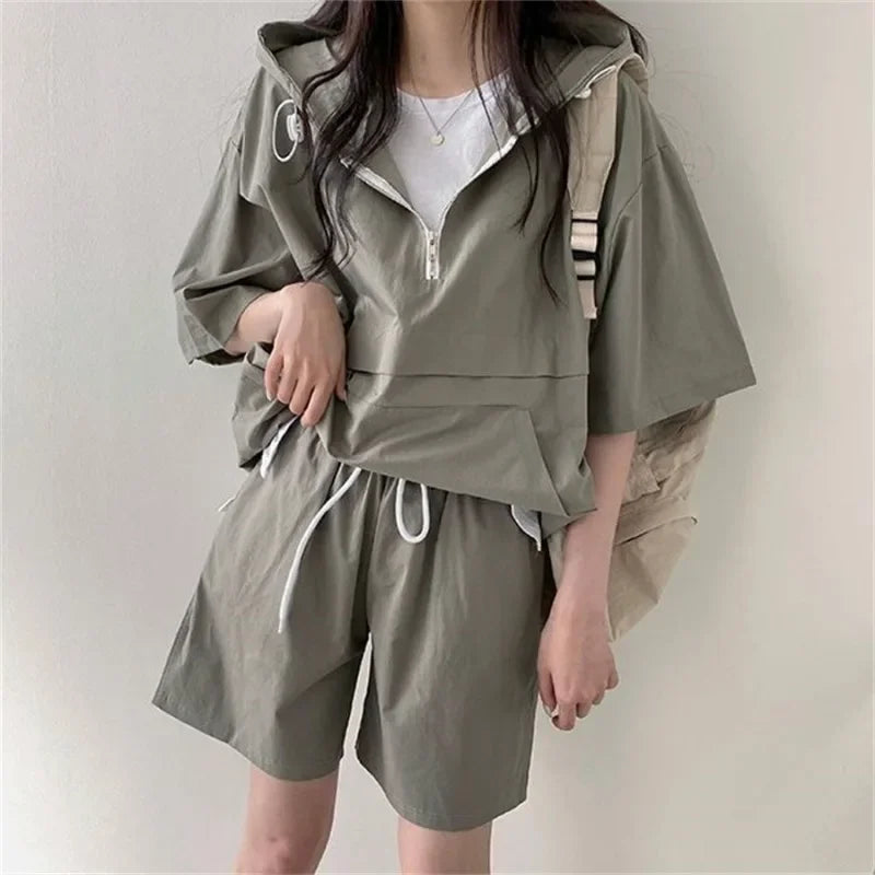 Sets for Women 2 Pieces Sweat Suit Summer Shorts T-shirt Hooded Loose Sports Tracksuit  Training Bottom Suit Korean Style 2024 - Seprincess