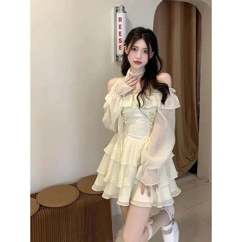 Long Sleeve Elegant Mini Dress Lolita Pure Color Short Party Dress Woman Casual 2023 Spring Sweet One Piece Dress Korean Fashion - Seprincess