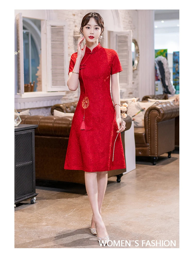 Chinese Traditional Retro Red Modern Improved Cheongsam Summer New Short Sleeve Engagement Qipao Dress - Seprincess