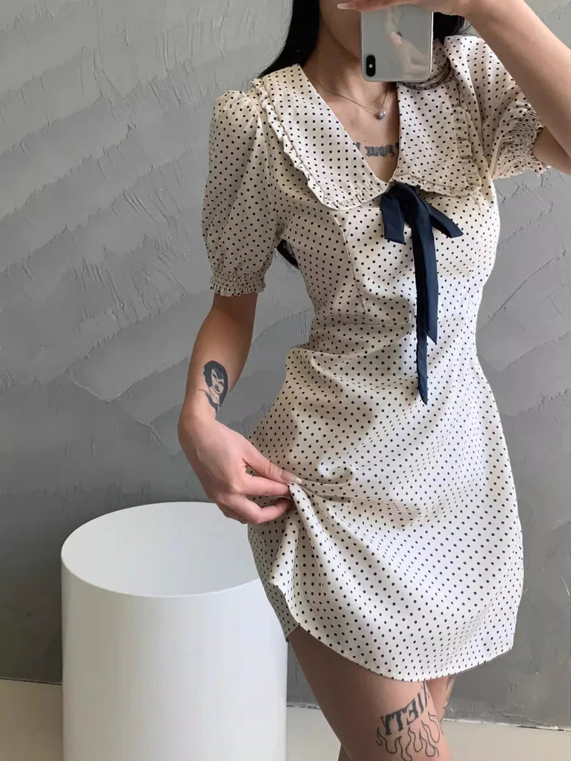 Women Oversized Collar Puff Sleeve Mini Dress With Bow Detail - Seprincess