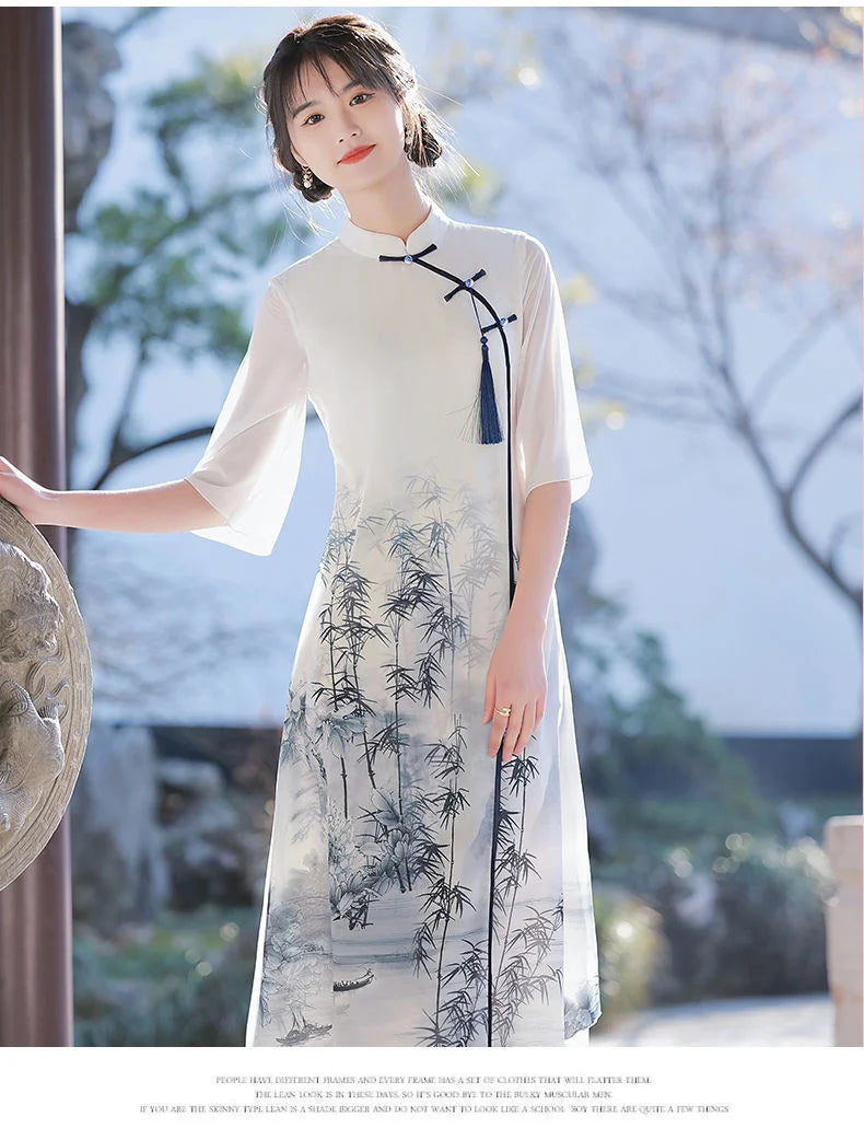 Improved Cheongsam 2024 Women's Summer High-end Chiffon Long Dress Inverted Big Sleeves Plus Size Retro Girl Chinese Style Hanfu - Seprincess