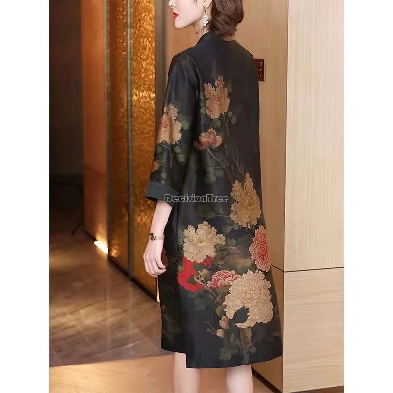 2024  chinese style disc buckle loose style printed cheongsam dress women spring stand collar retro daily long qipao skirt w300 - Seprincess