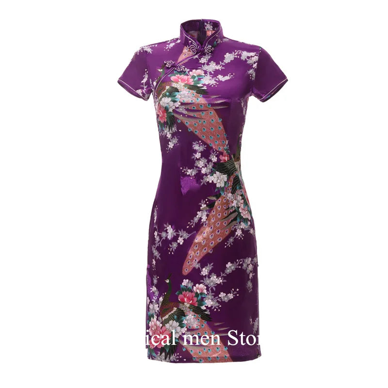 Purple Qipao Sexy Mini Chinese Style Dresses Print Flower Cheongsam Girl Y2K Cosplay China Doll Kung Fu Costumes Plus Size 6Xl - Seprincess