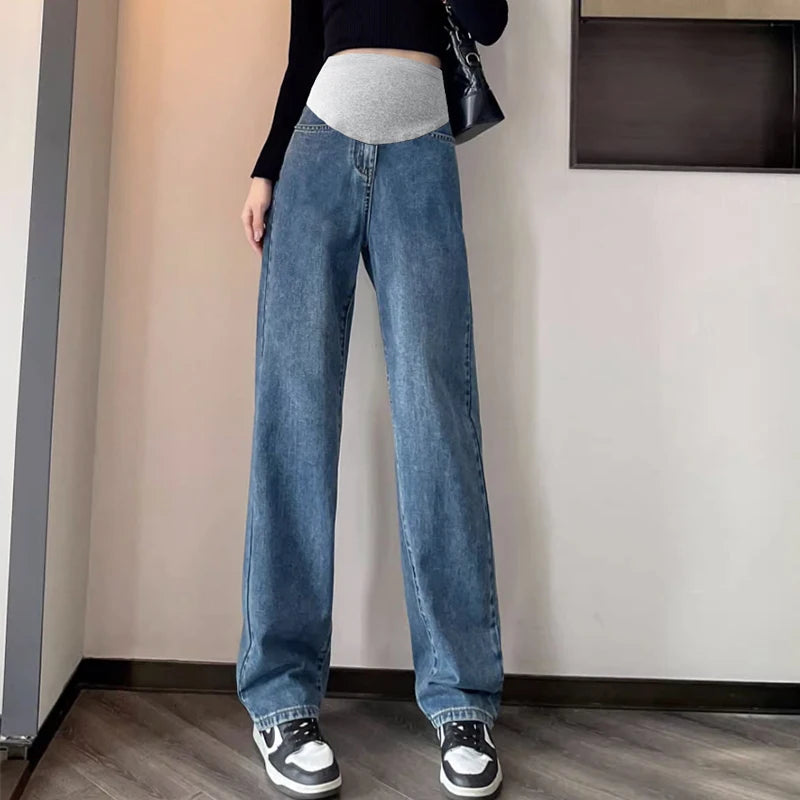 Autumn and Winter Pregnant Women's Belly Pants Fashion Loose Straight Leg Korean Style High Waist Maternity Jeans Denim Trousers