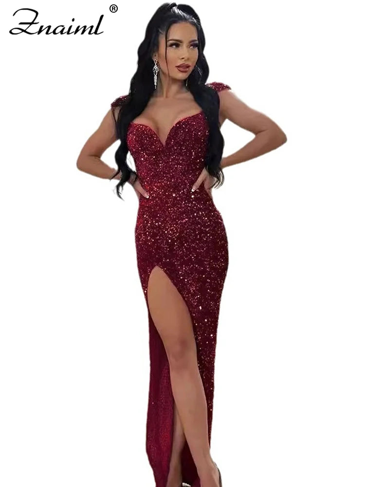 Znaiml Evening Wedding Luxury Women Sexy Strap Sleeveless Sequins High Split Elegant Long Dresses Birthday Party Gown Christmas - Seprincess