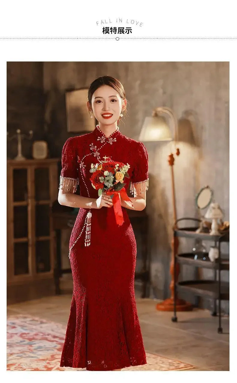 Mermaid Chinese Traditional Dress Red Wedding Bride Toast Clothing Sexy Ladies Cheongsam for Evening Party Woman Vintage Qipao - Seprincess