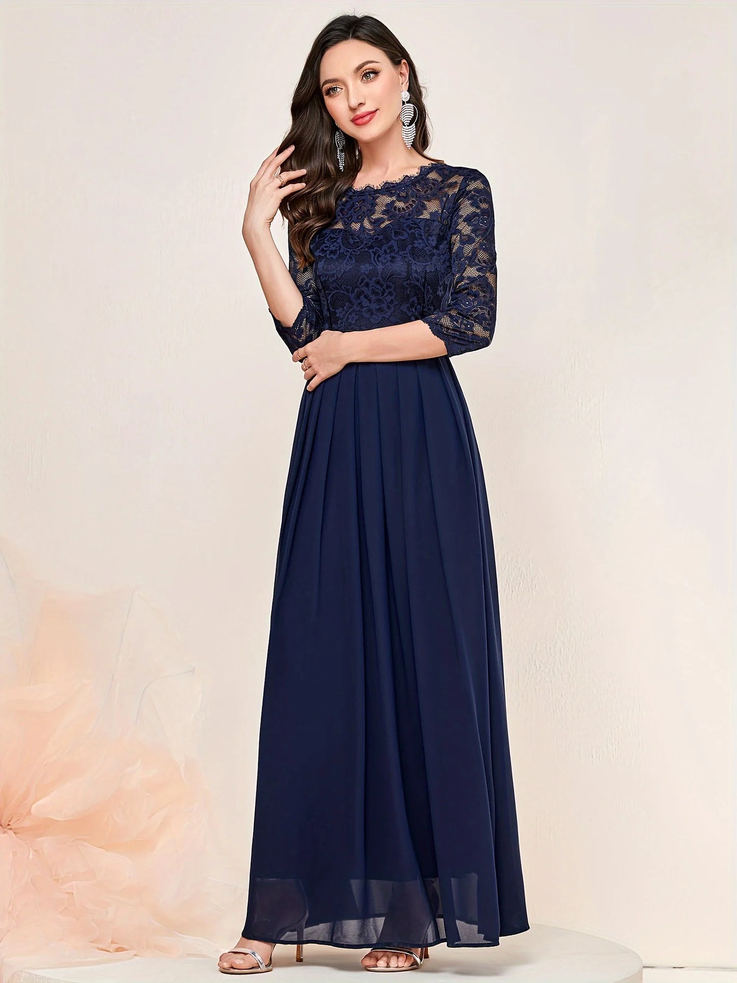 Contrast Lace Pleated Elegant Solid 3/4 Sleeve Party Maxi Formal Evening Dress